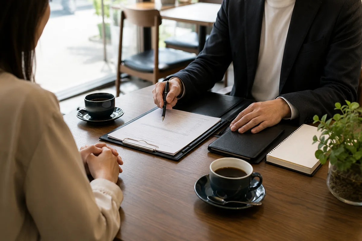 落ち着いたカフェで相談内容を確認する面談のイメージ